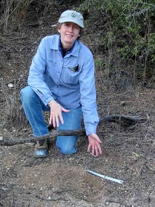Lisa Haynes points out a lion scrape - a scratch mark clawed into the soil by a mountain lion marking his territory. Lisa Haynes points out a lion scrape - a scratch mark clawed into the soil by a mountain lion marking his territory.